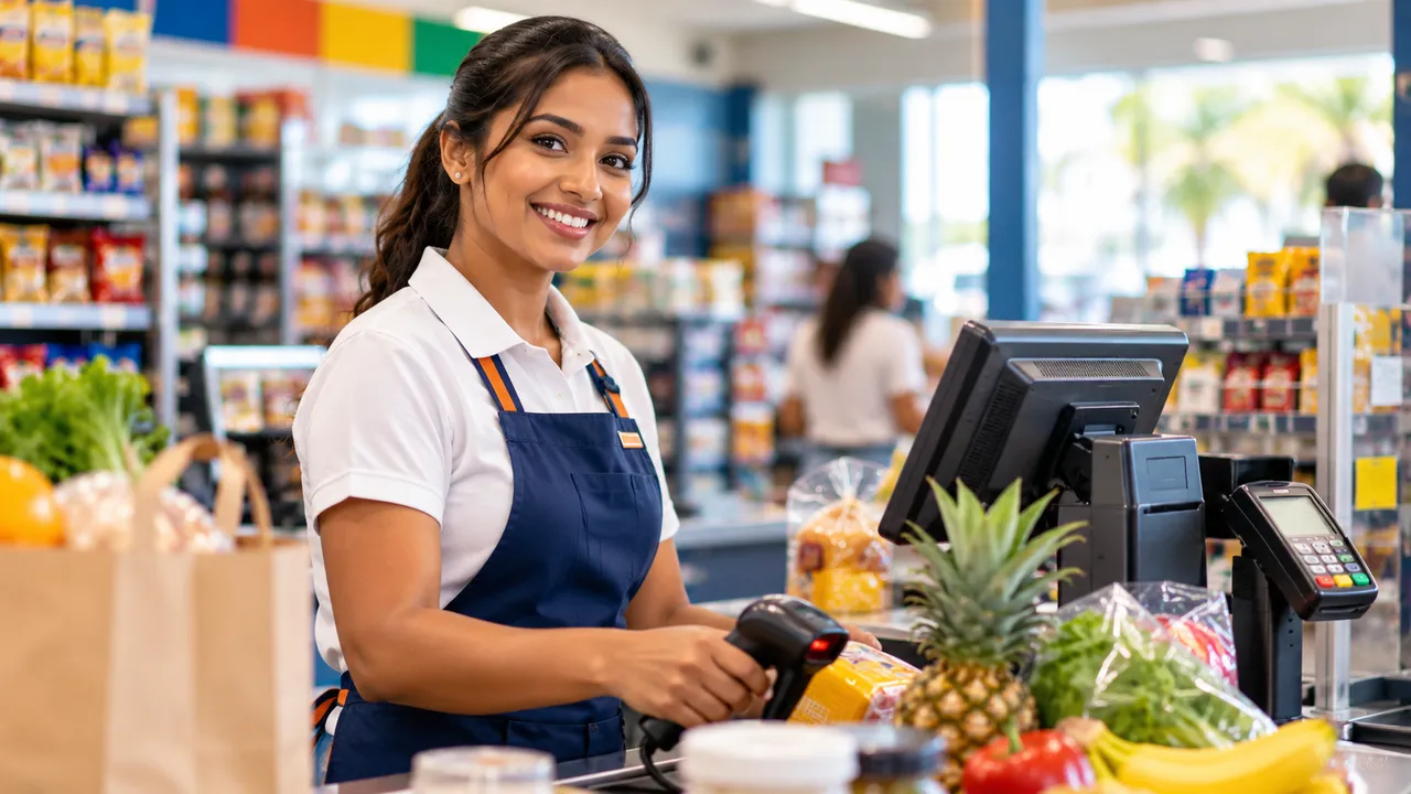 Caissière souriante à la caisse d'un supermarché